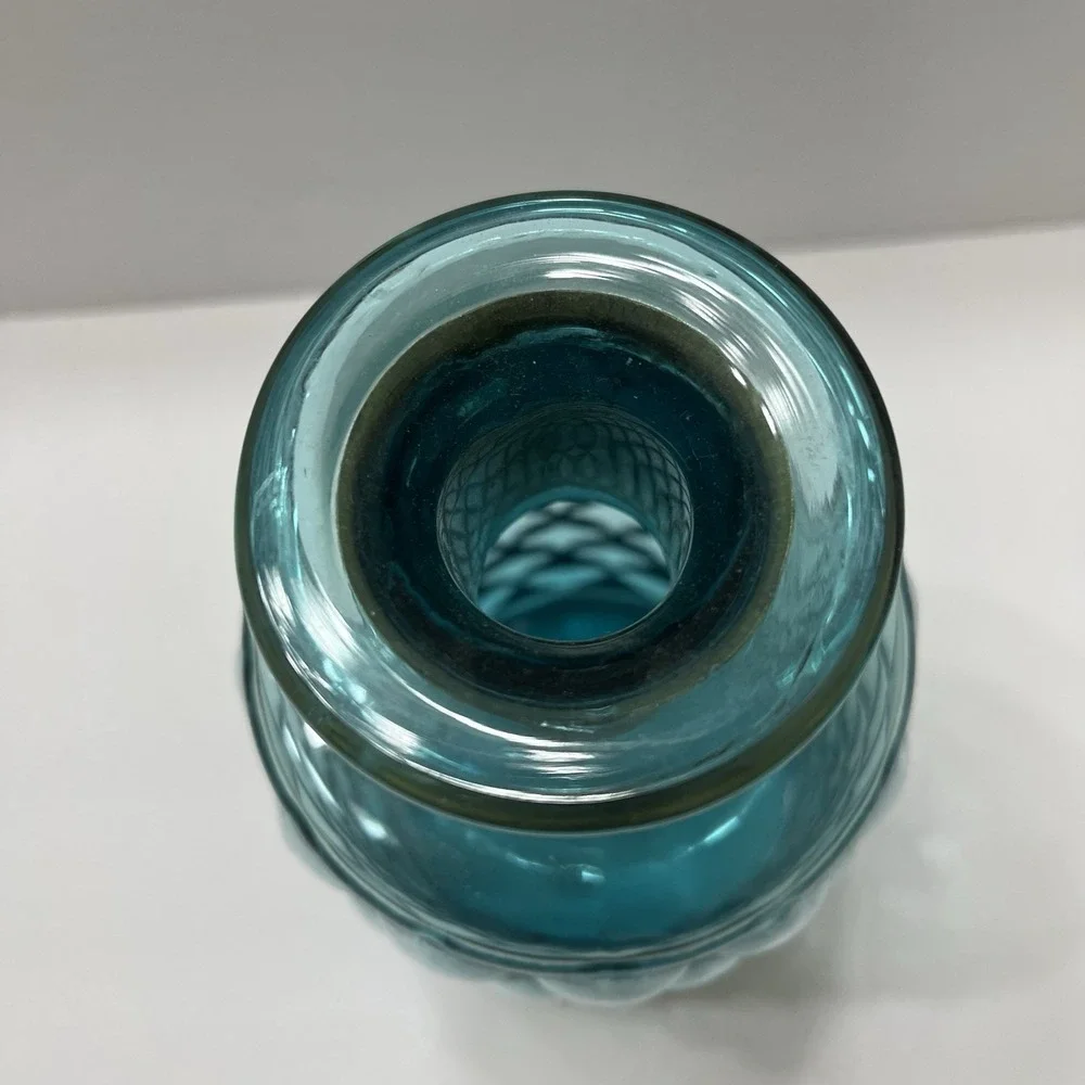 Decorative Teal Vase Diamond Patterned Glass Gold Toned Collar 9.5x4